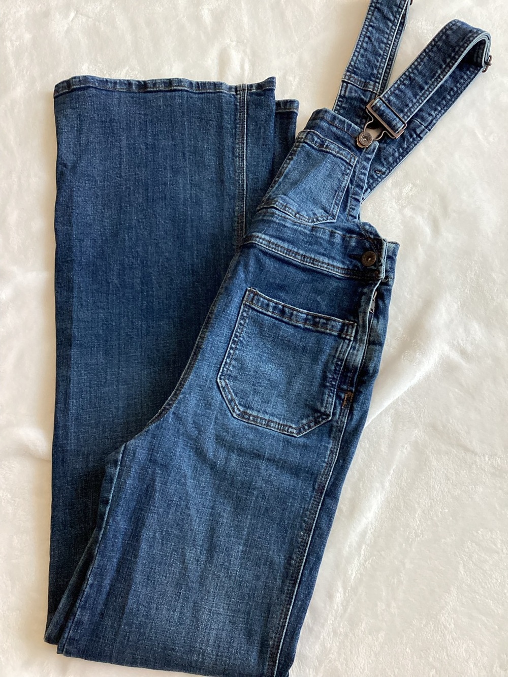 Free People Flare Leg Denim Overalls Patch Pocket Size 24 Medium Blue Jean